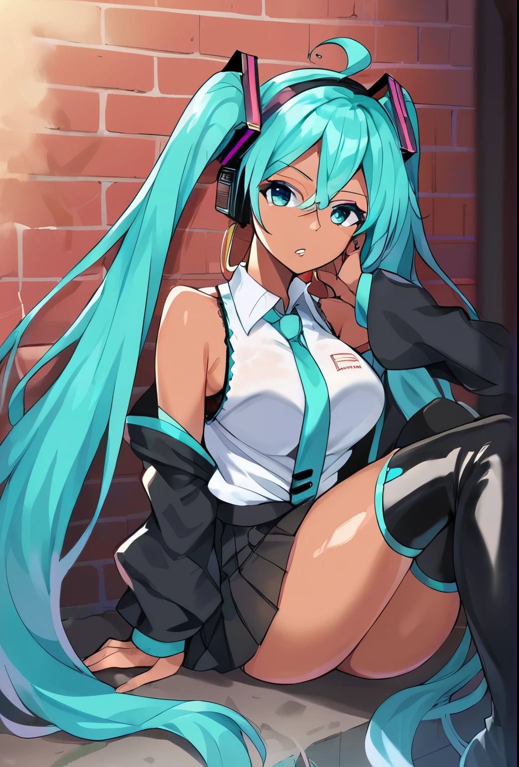 source_anime, score_9, score_8_up, score_7_up, score_6_up, score_5_up, score_4_up, best lighting, shiny skin, solo, 1girl, brick wall backdrop, BREAK, bored, cigarette, large breasts, tied shirt, gyaru, tanned skin, makeup,bra, open shirt, animal print bra, pink lips, hoop earrings, looking at viewer, parted lips, toned, BREAK (very long hair:1.2), miku hatsune, ahoge, aqua eyes, aqua hair, crossed bangs, hair between eyes, hair ornament, headphones, long hair, twintails,aqua necktie, black footwear, black skirt, black sleeves, boots, collared shirt, detached sleeves, grey shirt, necktie, pleated skirt, shirt, skirt, sleeveless, sleeveless shirt, thigh boots, tie clip,