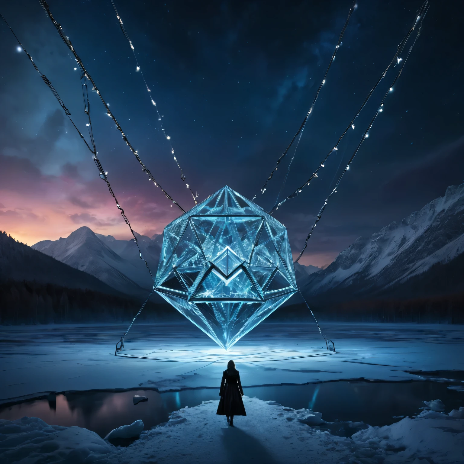 super wide angle, HD wallpapers, frozen lake, dark night, A huge geometric object composed of glowing arcs and metal light chains in the sky, Witch&#39;s Back, Movie poster style and HD top view photography, game of thrones style, Unpleasant, fear, scary look, ultra high definition, 8K resolution, balance, High Dynamic Range Color, emphasize