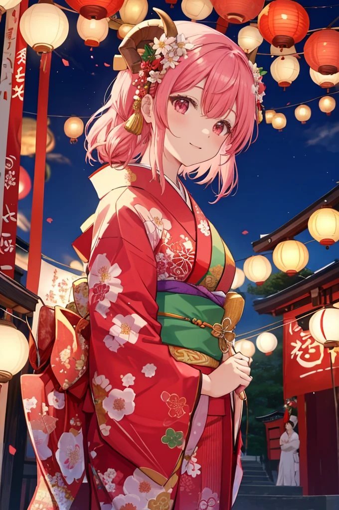 This image shows a vibrant scene with a central character who She has round like a sheep's horns, pink hair. She's wearing a traditional red kimono with floral patterns, adorned with a green obi and decorative hair accessories.  The setting suggests a festive atmosphere, likely a Japanese festival, with paper lanterns illuminating the scene and a banner in the background that could indicate a specific event or location. The overall mood is cheerful and inviting.