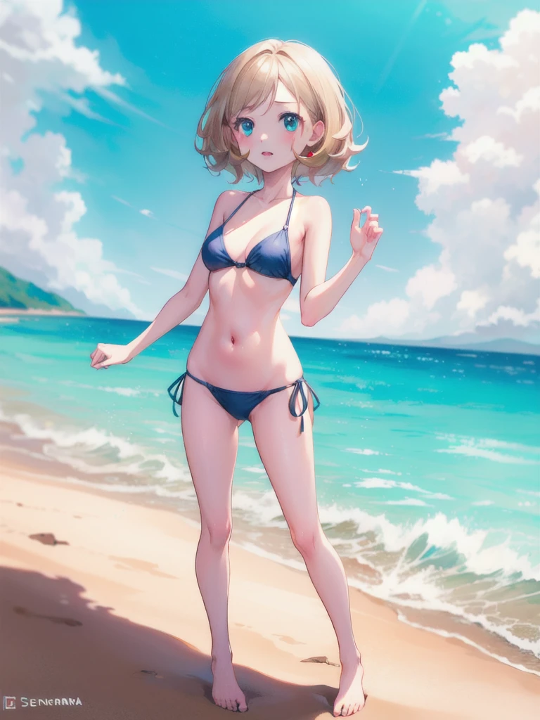 gonzarez, masterpiece, Serenaj, 1girl, solo,bikini ,blue eyes, open mouth, blonde hair, outdoor, looking at viewers, day, sky, beach, play with water