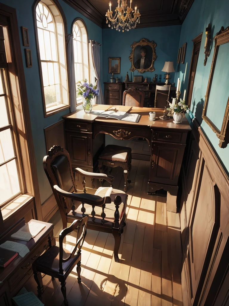 a room that appears to have been abandoned or neglected. Sunlight streams in through the large windows with wooden frames, casting a warm light across the scene. The room is spacious, with high ceilings adorned with elegant crown moldings. The floors are wooden, and the scene is strewn with papers, books, and debris, suggesting a hasty departure or a long period of disuse. There's an antique, ornate door on the left, partially closed, leading to the possibility of more rooms beyond. Furniture includes a writing desk cluttered with papers and items, a traditional armchair with its upholstery showing signs of wear, a coffee table with a few objects on it, and another small desk by the window, accompanied by an overturned chair. Along the walls, there are paintings in classical style, all framed, adding to the historical atmosphere of the room. The overall mood of the image is one of bygone elegance, now tinged with an air of mystery and a sense of time passed. It seems like a scene from a historical or detective novel, where each object might hold a story or a clue to the room's former life.