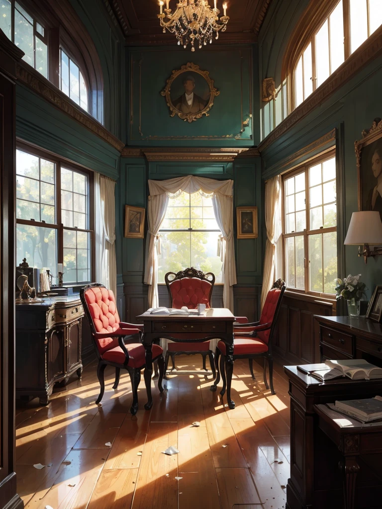 a room that appears to have been abandoned or neglected. Sunlight streams in through the large windows with wooden frames, casting a warm light across the scene. The room is spacious, with high ceilings adorned with elegant crown moldings. The floors are wooden, and the scene is strewn with papers, books, and debris, suggesting a hasty departure or a long period of disuse. There's an antique, ornate door on the left, partially closed, leading to the possibility of more rooms beyond. Furniture includes a writing desk cluttered with papers and items, a traditional armchair with its upholstery showing signs of wear, a coffee table with a few objects on it, and another small desk by the window, accompanied by an overturned chair. Along the walls, there are paintings in classical style, all framed, adding to the historical atmosphere of the room. The overall mood of the image is one of bygone elegance, now tinged with an air of mystery and a sense of time passed. It seems like a scene from a historical or detective novel, where each object might hold a story or a clue to the room's former life.