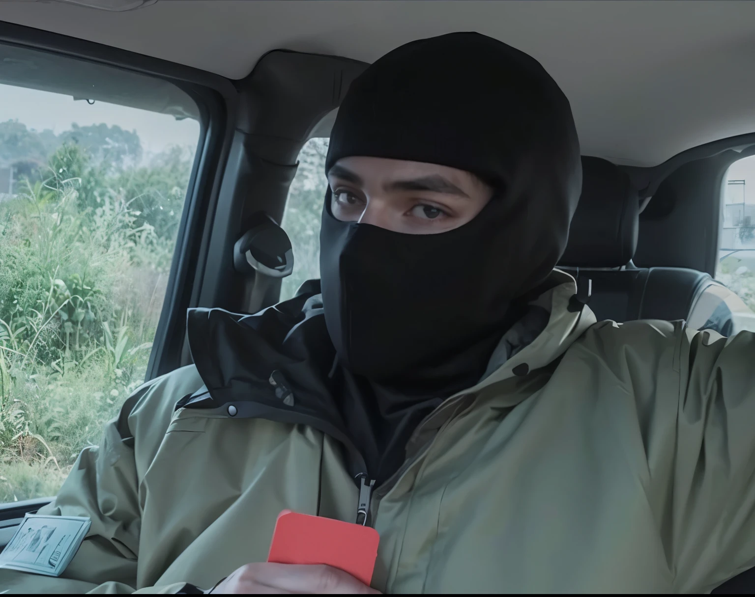 sharpened man with a black mask and a green jacket holding a red card, balaclava cobrindo o rosto, wearing a bandit mask, balaclava laranja, anonymous as a car, balaclava, balaclava mask, dash cam footage, filme sobre assalto a banco, filmagem roubada, dash cam footage, filme sobre assalto a bancos, British gang member, viseira escura cobrindo o rosto