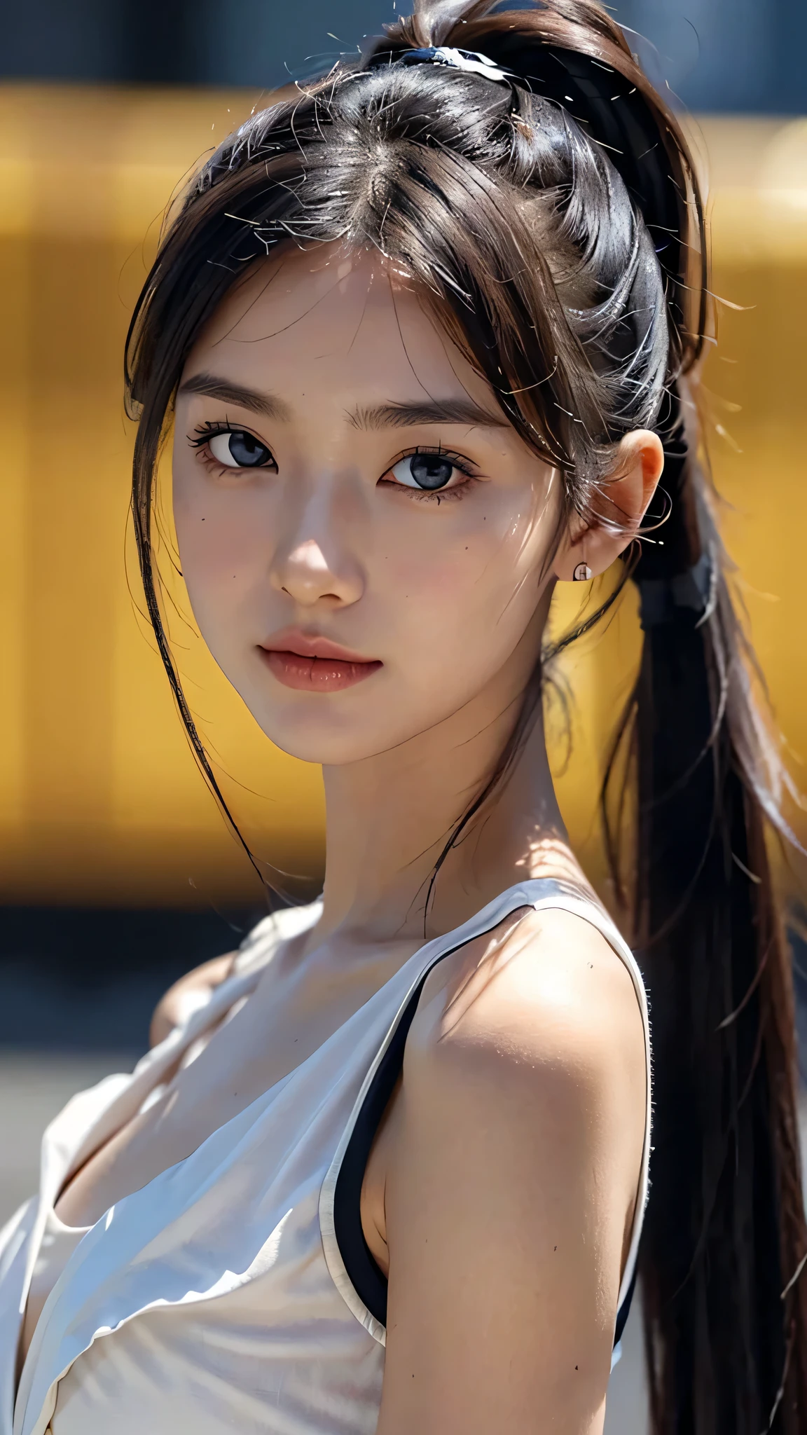 One woman,fully body photo,masutepiece, The highest image quality, High quality, the background is clear，Beautiful woman, Japanese, Detailed, Detailed eyes, Detailed skin, Beautiful skin, 超hight resolution, (reality: 1.4),Very beautiful woman, Slightly younger face, Beautiful skin, slender, (Ultra photo realsisim), (hight resolution), (8K), (Very detailed) (beautifully detailed eyes), (super detailed),   (Detailed face), view the viewer, Fine details, Detailed face, Staring straight ahead, Staring straight ahead, photos realistic, Bright lighting, Professional Lighting, Black hair,poneyTail,a baby face,sixteen years old,Hairstyle is ponytail,long ponytail hairstyle,slight smile,Orange colored long dress with lots of ruffles, softly shaped skirt,Spotlight on stage,close-up of face, 