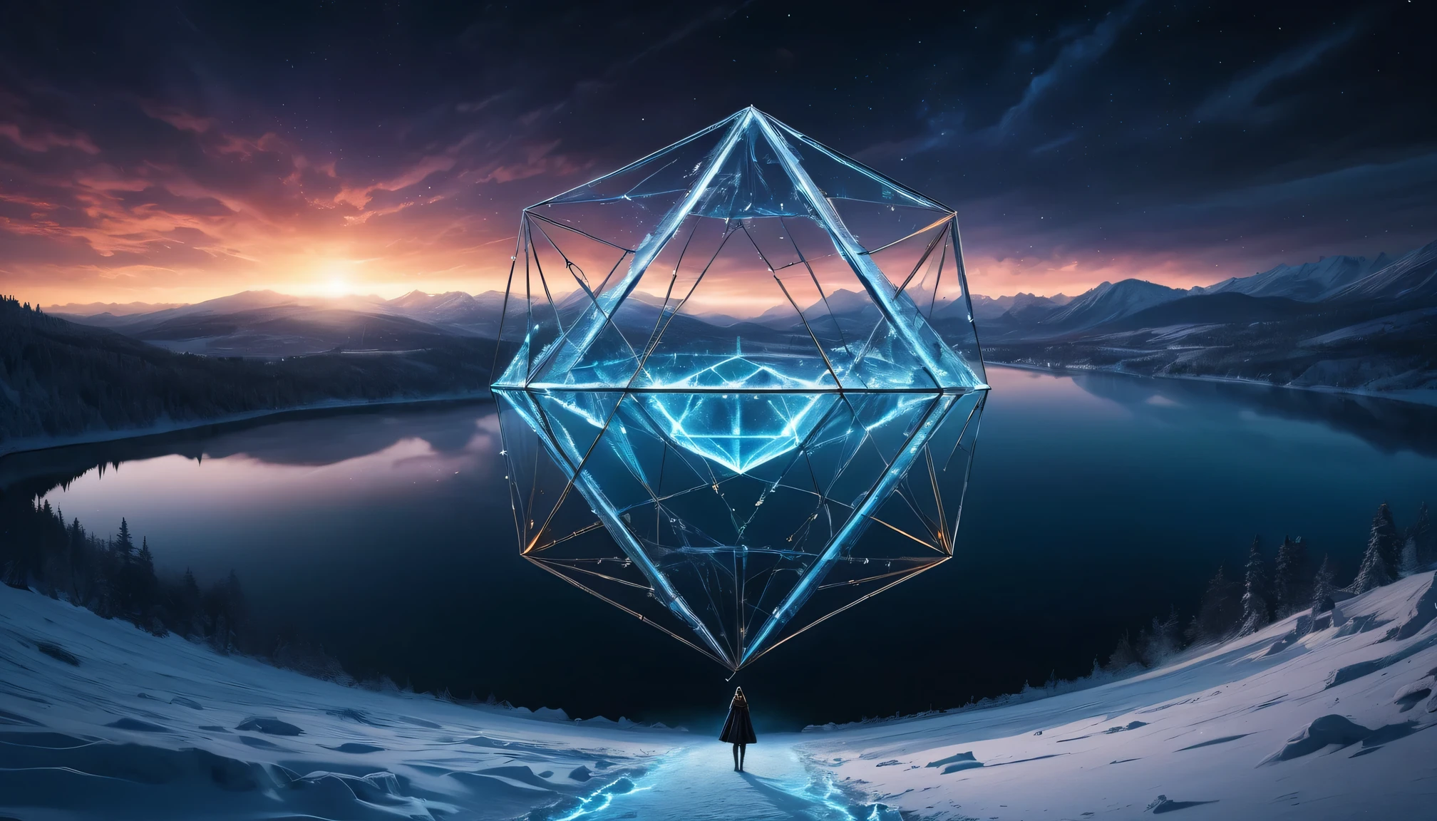 super wide angle, HD wallpapers, frozen lake, dark night, A huge geometric object composed of glowing arcs and metal light chains in the sky, Witch's Back, Movie poster style and HD top view photography, game of thrones style, Unpleasant, fear, scary look, ultra high definition, 8K resolution, balance, High Dynamic Range Color, emphasize