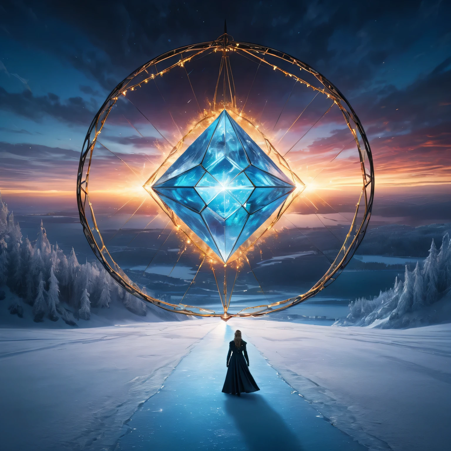 super wide angle, HD wallpapers, frozen lake, A huge geometric object composed of glowing arcs and metal light chains in the sky, Witch's Back, Movie poster style and HD top view photography, game of thrones style, Unpleasant, fear, scary look, ultra high definition, 8K resolution, balance, High Dynamic Range Color, emphasize