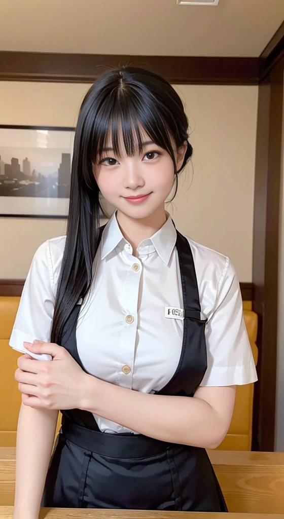 (highest quality,masterpiece:1.3,ultra high resolution,),(Super detailed,caustics),(Photoreal:1.4,RAW shooting,)ultra-realistic capture,very detailed,High resolution 16K human skin close-up。 natural skin texture、,The pores are、、、、、Must be detailed enough to be easily identified。 Skin should look even-toned and healthy。 Use natural light and color,restaurant,waitress uniform,1 girl,Japanese,18-year-old,cute,black haired,ponytail,big breasts,smile,turn your body forward,(Front view:1.1),look at the camera,cowboy shot,