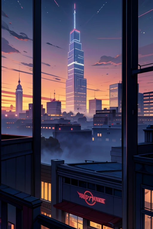 Cartoon, 2d, dc animation, centered, exterior 3 storee tall shopping mall, wide shot, wide angle, dusk, department store window lights, tall buildings in the distant fog