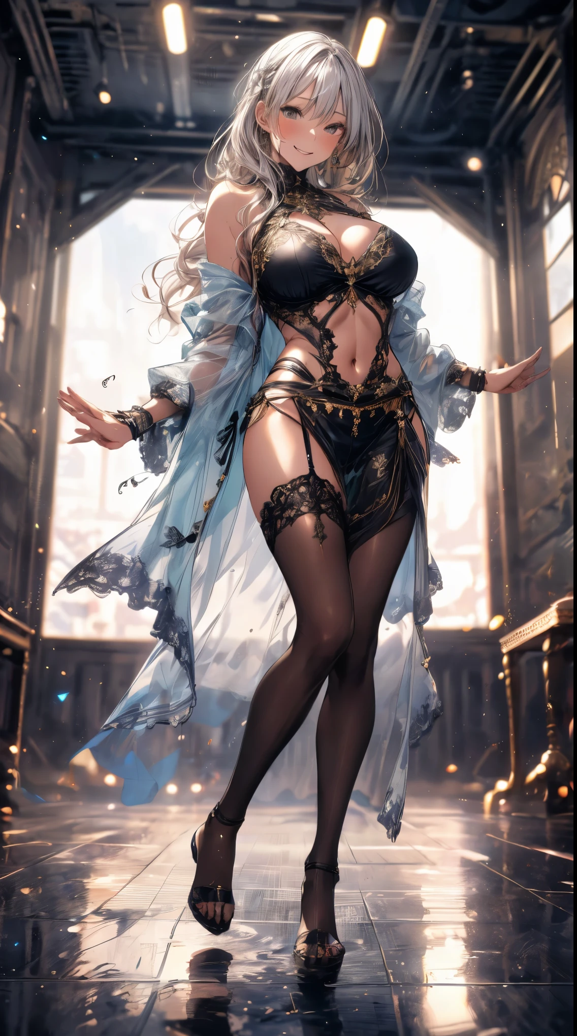 ((ultra high resolution, 8k RAW photo, surreal)), ((correct anatomy:1.5, ideal body proportions, long legs:1.37)), dancing Oppai gal, dancing, sway , take a strong step, (raise your legs:1.2), floating turn, Turning, Twisted Body, long wavy hair, silver hair, deep red mesh hair, floating hair, fluttering hair, (high definition face, super detailed eyes), (software:1.25), Belly dance, Arabic, turquoise green costume, Clothes and accessories with delicate details, transparent clothes, mesh robe, great festival show, indoors, In the temple, special altar, sexy dance, leaning back, show off your crotch, looking at the viewer, sexy smile, dutch angle, from below, Side view, floating extra transparent clothes, splash, Bokeh, extra floating transparent clothes,