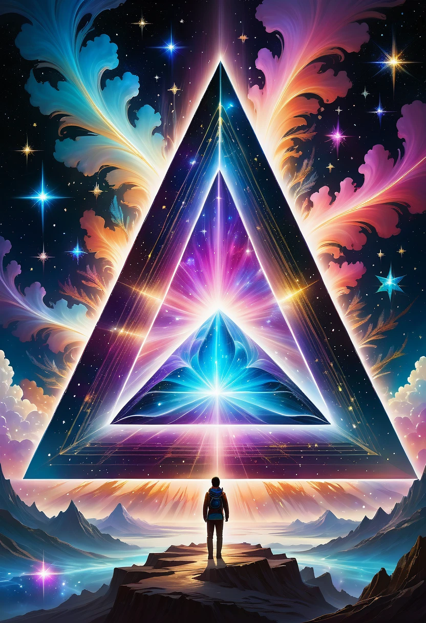 Giant triangle cybernetics，Magnificent cosmic starry sky background，超现实主义艺术风格的complex插图，surreal dream，Dubrec style，Transparent geometric shape close-up，（multiple exposure：1.8），(Starlight Art:1.5)，Dreams of happiness，Bright starlight，bismuth，very beautiful，Encouraging，iridescent，Suggestive digital art，Gorgeously decorated，bioluminescence，grace，picturesque，Ultra-detailed，Beautifully；complex、Surreal concept art，aesthetics，fluency，complex抽象的星空，professional，masterpiece，8K，Ultra HD resolution，best quality，Epic surrealism，epic happy fantasy，史诗般的Starlight Art，Epic future science fiction art，Epic starlight digital illustration