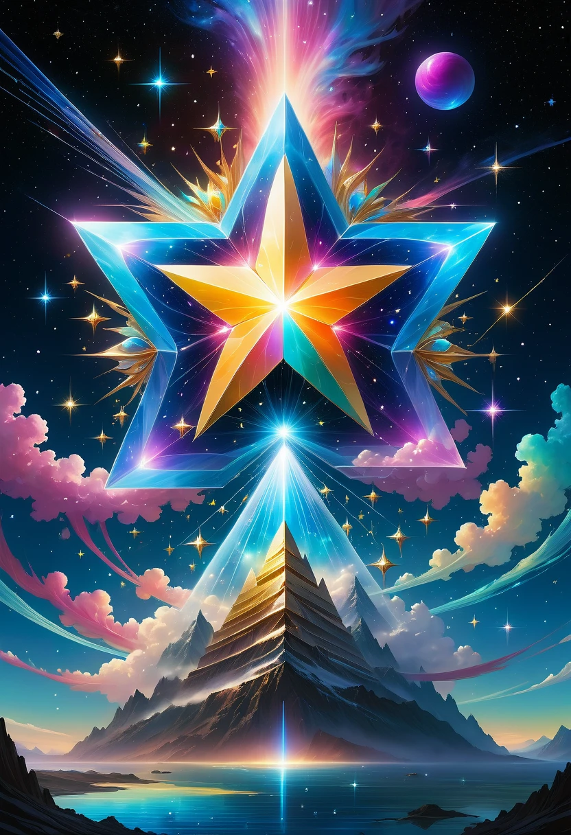 Giant triangle cybernetics，Magnificent cosmic starry sky background，超现实主义艺术风格的complex插图，surreal dream，Dubrec style，Transparent geometric shape close-up，（multiple exposure：1.8），(Starlight Art:1.5)，Dreams of happiness，Bright starlight，bismuth，very beautiful，Encouraging，iridescent，Suggestive digital art，Gorgeously decorated，bioluminescence，grace，picturesque，Ultra-detailed，Beautifully；complex、Surreal concept art，aesthetics，fluency，complex抽象的星空，professional，masterpiece，8K，Ultra HD resolution，best quality，Epic surrealism，epic happy fantasy，史诗般的Starlight Art，Epic future science fiction art，Epic starlight digital illustration