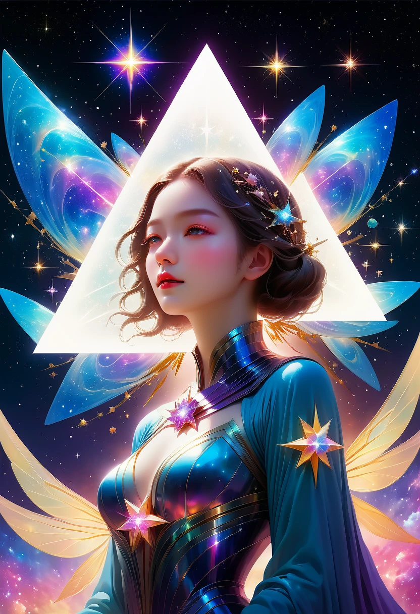 Giant triangle cybernetics，Magnificent cosmic starry sky background，超现实主义艺术风格的complex插图，surreal dream，Dubrec style，Transparent geometric shape close-up，（multiple exposure：1.8），(Starlight Art:1.5)，Dreams of happiness，Bright starlight，bismuth，very beautiful，Encouraging，iridescent，Suggestive digital art，Gorgeously decorated，bioluminescence，grace，picturesque，Ultra-detailed，Beautifully；complex、Surreal concept art，aesthetics，fluency，complex抽象的星空，professional，masterpiece，8K，Ultra HD resolution，best quality，Epic surrealism，epic happy fantasy，史诗般的Starlight Art，Epic future science fiction art，Epic starlight digital illustration