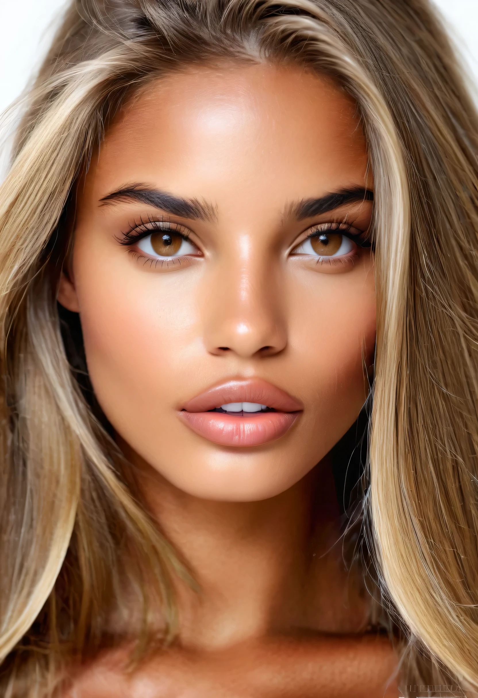 Supermodel, Brazilian, tanned, light brown eyes, big lips, head shot, long dark blonde hair, white background, beautiful , natural beauty, no makeup, model