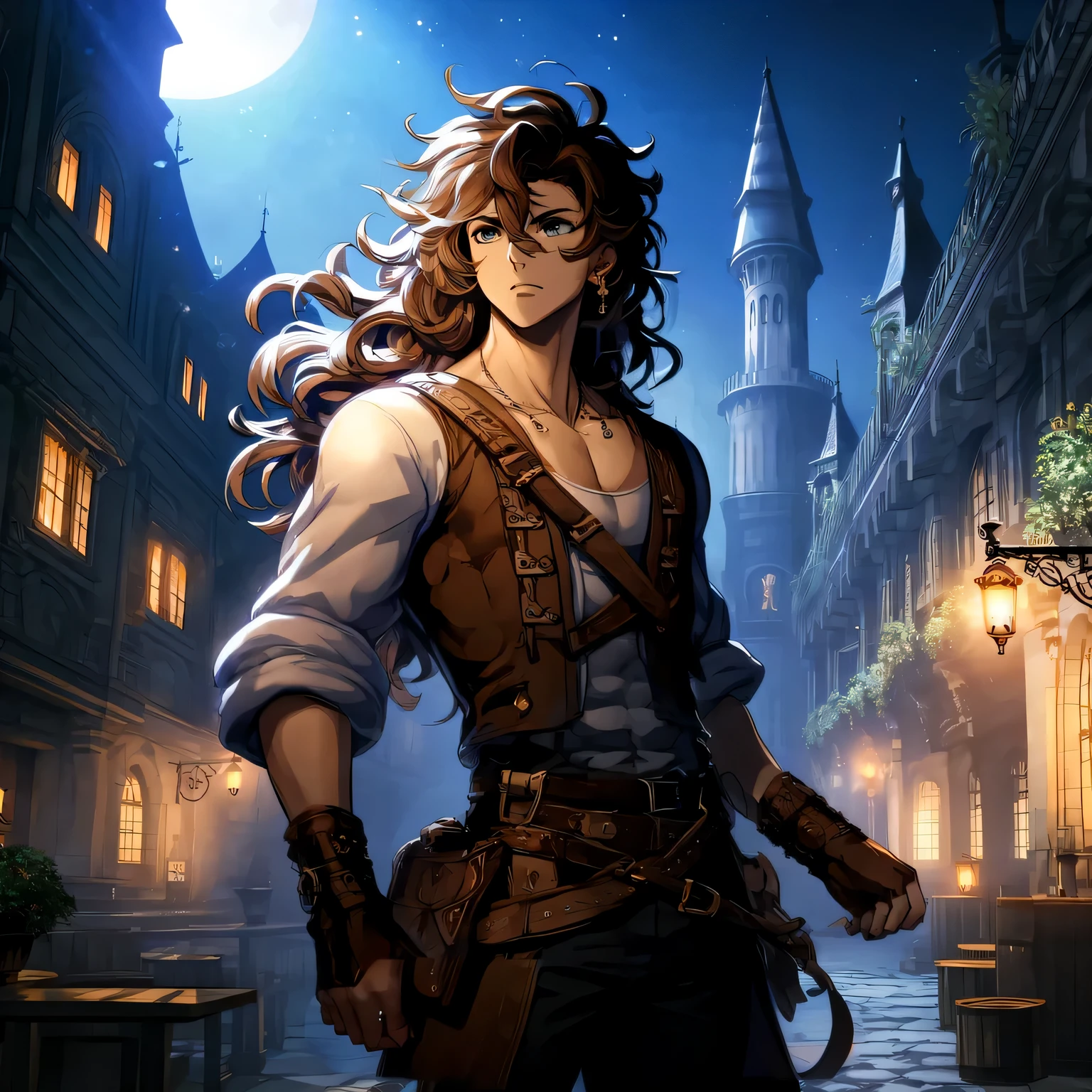 Anime character with long hair and brown vest standing on the street, Boris Vallejo. octopath traveler, Demon slayer art handsome man, official character art, kashmir art, Official character illustration, octopath travelerスタイル, main character, Octopus Voyager, Caleb has completed his important role., highly detailed characters, ( ( character concept art ) ), A portrait of an epic RPG