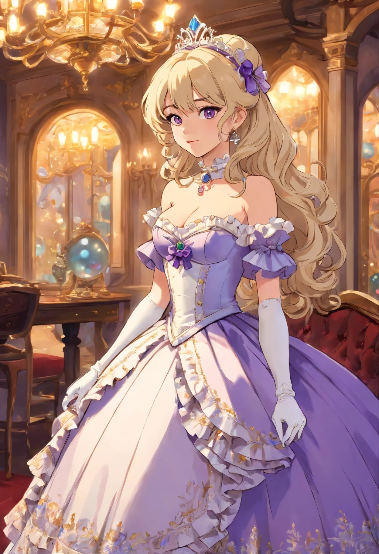 A stunningly beautiful blonde fairytale Princess shining with Royal Pomp and Regal Splendor, wearing a Stately and (((Elaborate))) Royal Cinderella Ballgown of Silver and White Brocade, with (((bare arms, bare shoulders))) a stiffly boned, padded and corseted bodice, an hourglass waist, a (((huge crinoline hoopskirt))) and (((bustle))), adorned with ribbons, bows, roses, lace, ruffles, frills, embroidery, and jewels, cleavage, elaborately curled and styled hair, long white gloves, purple eyes, make-up, cowboy shot, pearl and diamond necklace and earrings