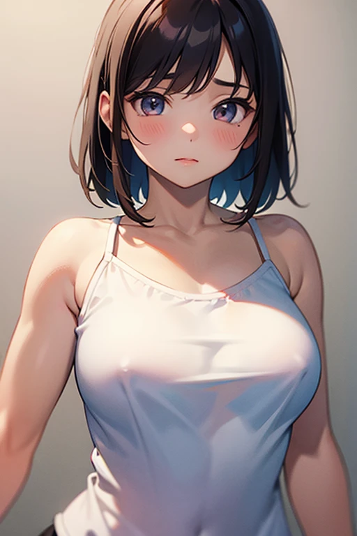 1girl,solo,retina,masterpiece, Awards, high quality, High resolution, HD, 4K,8K,high quality, rough skin,breast focus,(large breasts:1.3),faint smile,oily skin,underside of breasts,(mochi shaped breasts:1.2),(closeup upperbody:1.5),white clothe,,(short height,petite:1.4),(long camisole:1.3),breasts roundness,stradding,breasts shaped clothes,adjusting clothes,Neat clothes