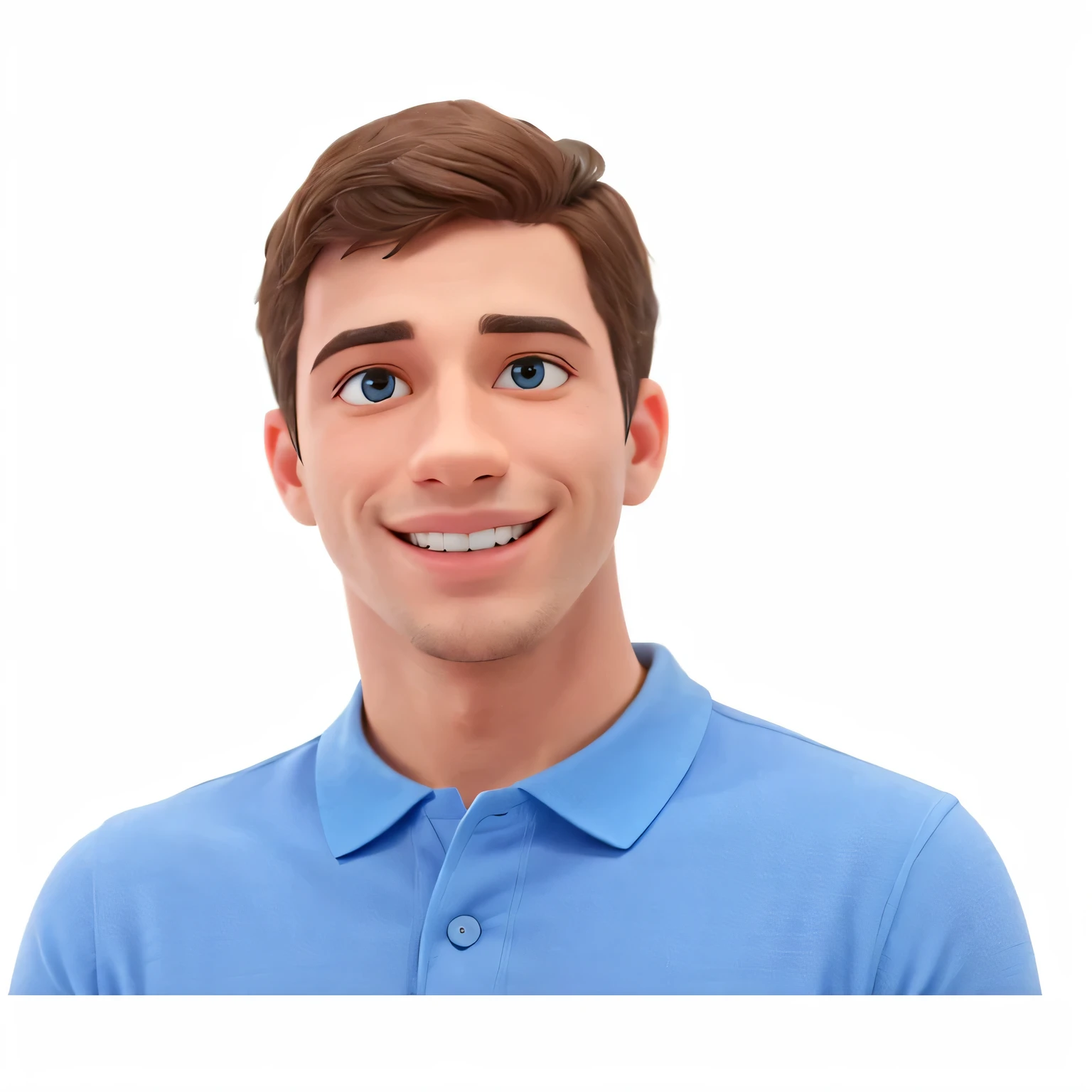 um homem sorridente e camisa polo na cor azul, estilo disney cartoon