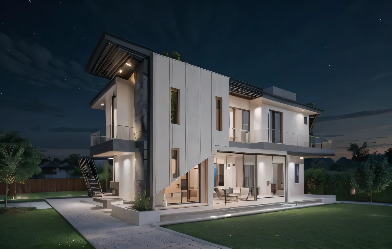 Modern villas , white , ((night)), trees, vine, architecture, building, vivid colour, masterpiece,best quality,super detailed,realistic,photorealistic, 8k, sharp focus,
a photo of a building