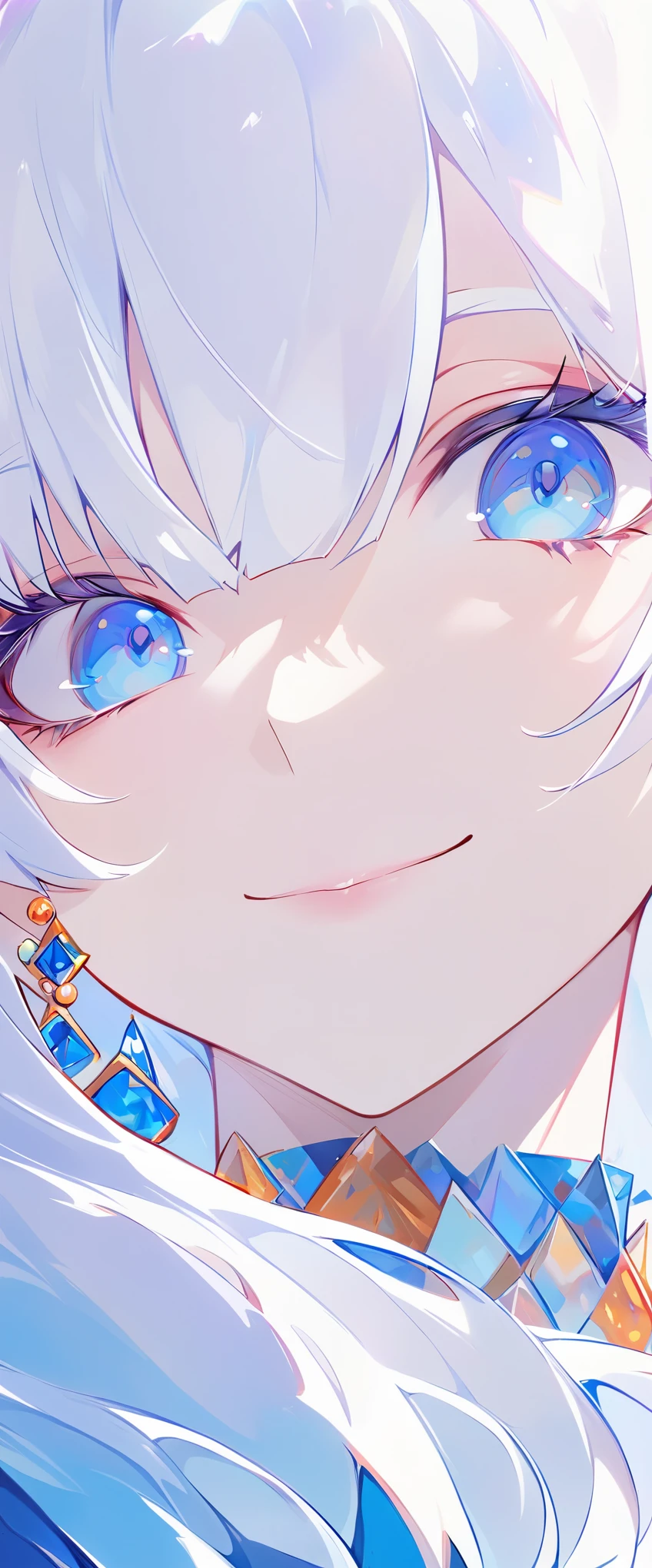 minimalist,fashion girl,white hair,blue background,Wearing special earrings,Bohemian style,Defined eyelashes,Full bright blue eyes,clean通透的眼珠,close up,Portrait facing camera,Smile flat illustration,Geometry,clean,japanese manga