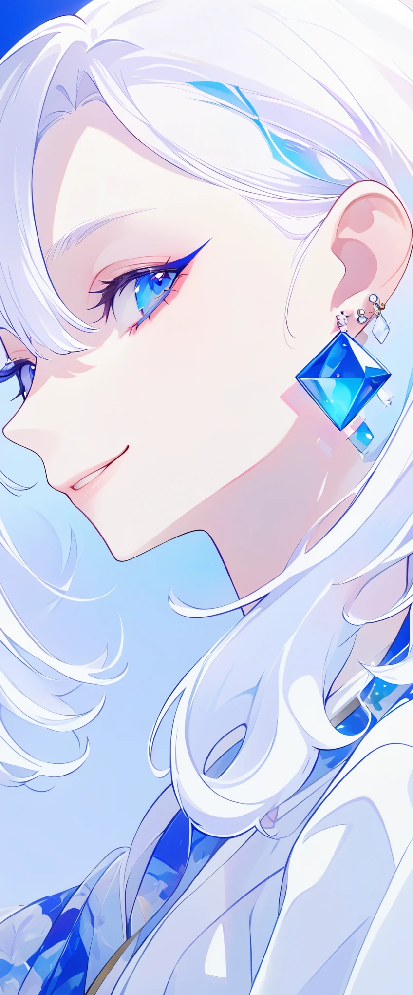 minimalist，fashion girl，white hair，blue background，Wearing special earrings，Bohemian style，Defined eyelashes，Full bright blue eyes，clean通透的眼珠，close up，Portrait facing camera，Smile flat illustration，Geometry，clean，japanese manga