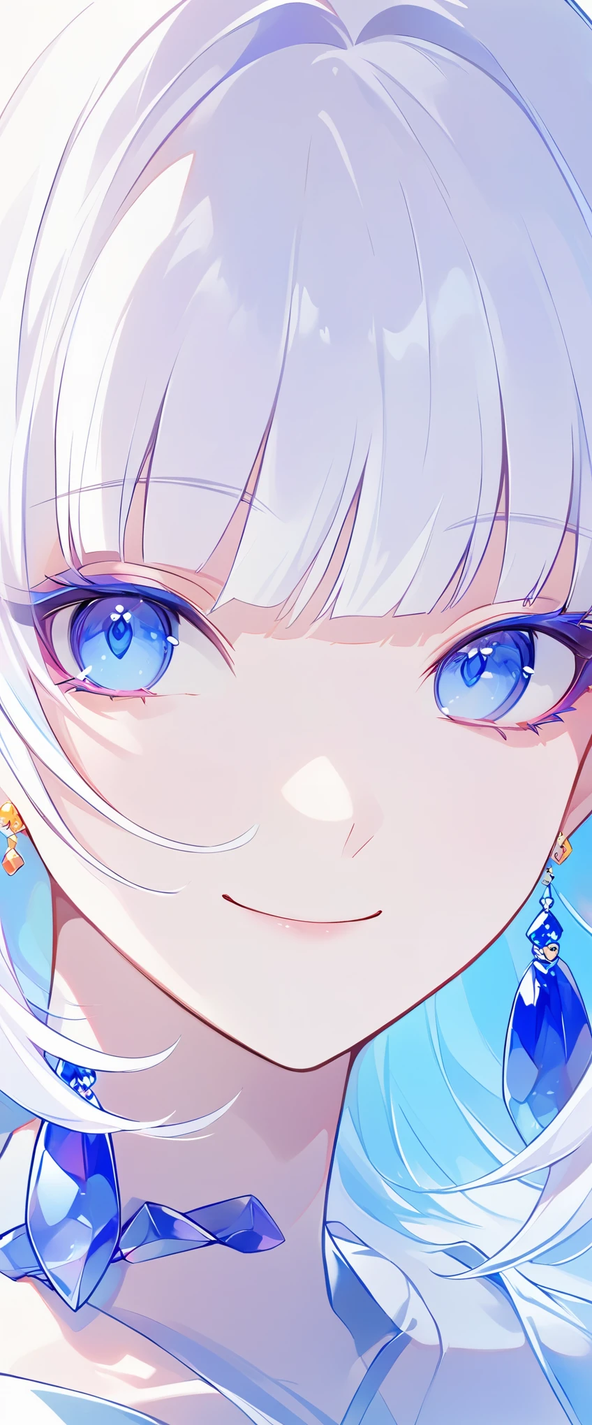 minimalist，fashion girl，white hair，blue background，Wearing special earrings，Bohemian style，Defined eyelashes，Full bright blue eyes，clean通透的眼珠，close up，Portrait facing camera，Smile flat illustration，Geometry，clean，japanese manga