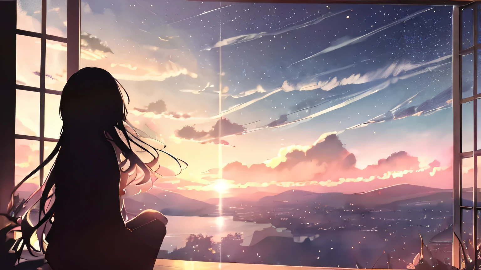 sunset、hill、cloud、long hair、woman、sitting、silhouette、back view、beautiful starry sky、look up at the sky、The wind is blowing、Wide sky、headphones