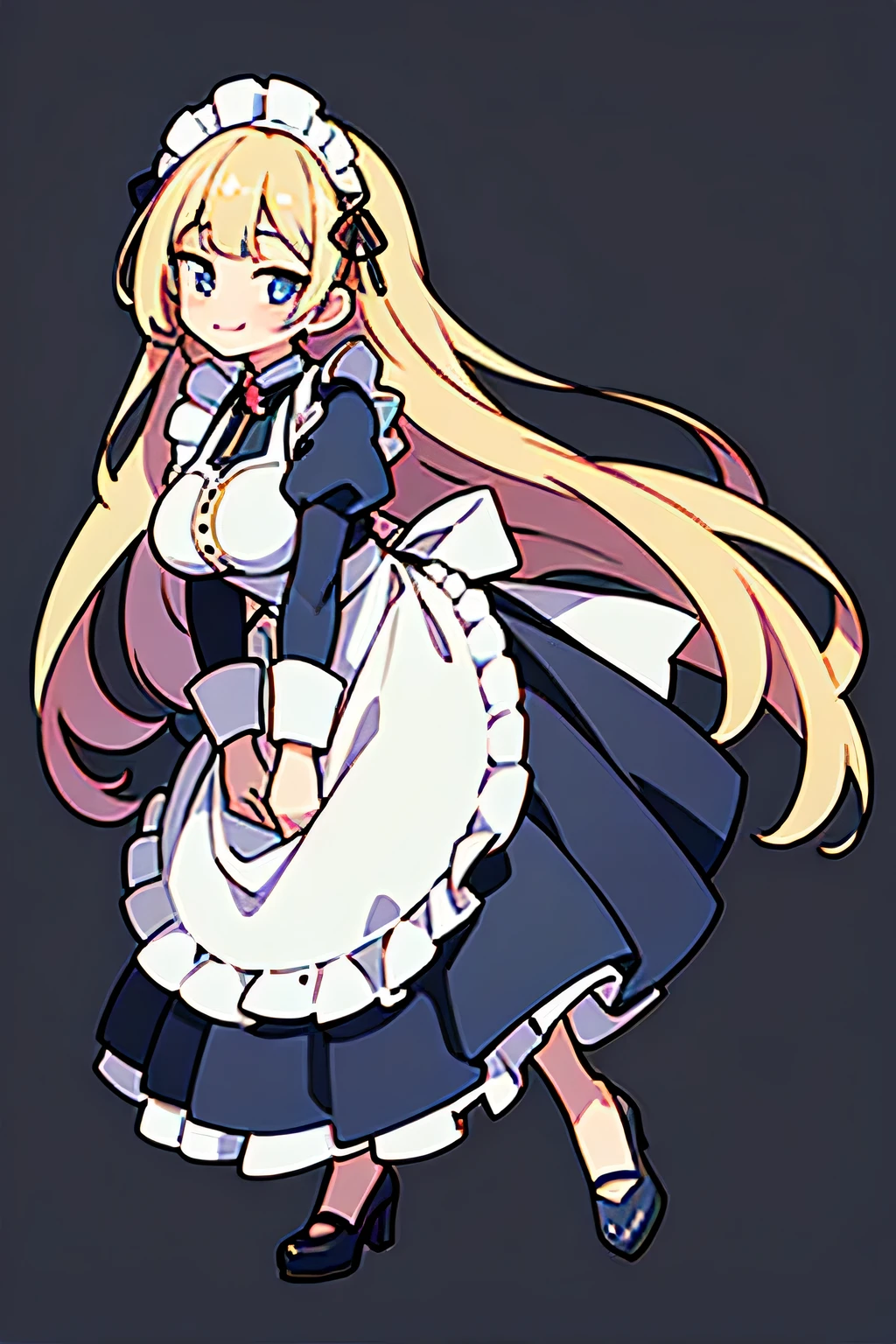 18 year old beautiful girl, Big eyes, Large breasts,  and slender, 8K, of the highest quality, (Highly detailed head: 1.0), (Very detailed face: 1.0), (very detail hair: 1.0), ( Very detail maid clothes: 1.0), high detailed official artwork, anime moe art style, clean detailed anime art, Smile, Golden hair, Smooth long hair, (full body)