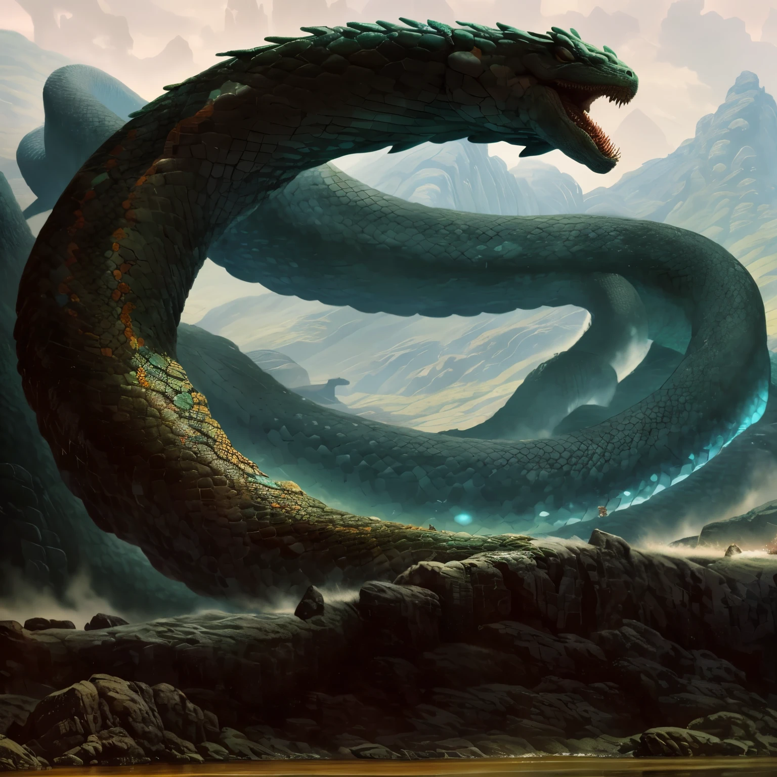 Close-up of a giant elemental snake in mountainous terrain, Jormungand, symmetrical epic fantasy art, Jormungand, Inspired by Stephane Koidl, beeple and jean giraud, Noah Bradley. sharp focus, sea snake, Serpentine water monster, director: Noah Bradley, leviathan, director: adam marczynski, Giant stone snake, 16k, hd, masterpiece