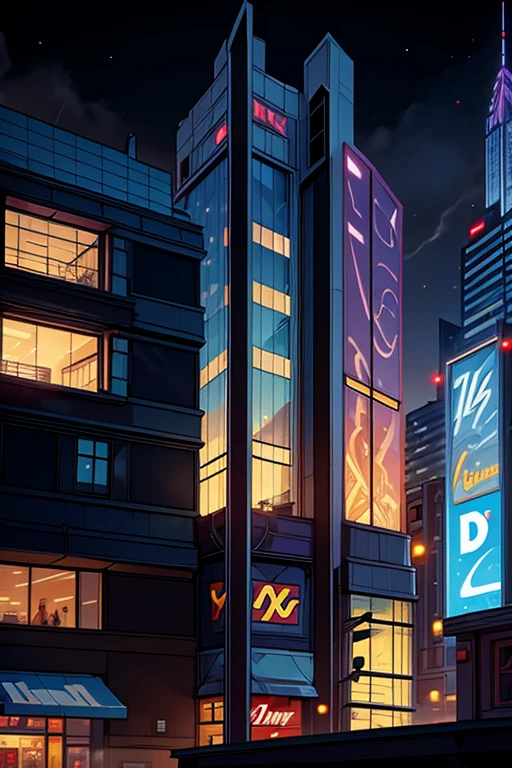 Cartoon, 2d, dc animation, centered, large exterior shopping mall, wide shot, wide angle, dusk, department store window lights, tall buildings in the distant fog