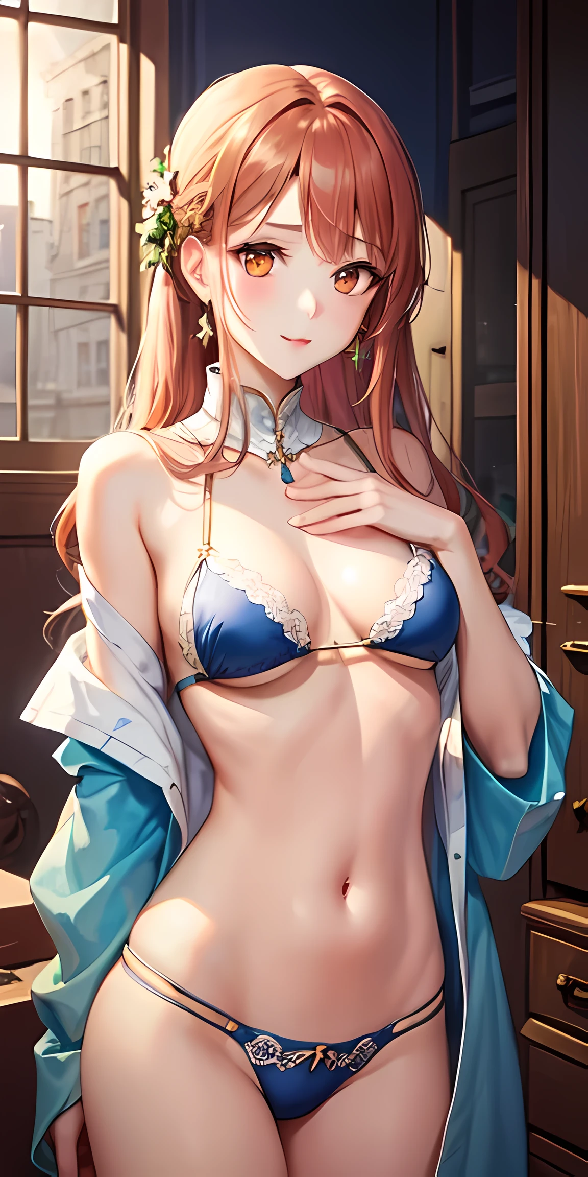 best quality、Photoreal、Super fine illustration、beautiful and charming anime girl,Mao Nanju、Mao Nanzhou、long hair、(orange eyes:1.3)、redhead、side ponytail、(tall、slim body、small breasts、firm round chest)、The only girl、girl pictures、With Arabic background、Arabian dancer、Belly dance、 wear a light blue micro bikini、High leg、string bread、Attractive mouth、Makeup、impressive red lips,