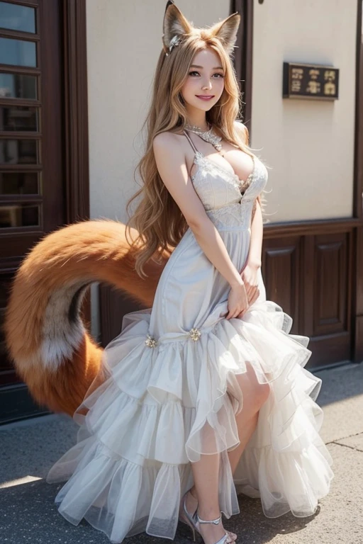 ((highest quality)), ((masterpiece)), (get used to it), perfect face, fox girl, Beautiful woman, public, A tail is growing, she has a fluffy tail, she has a fox tail, she wags her tail, smile, She wears a dress, beautiful hips, big breasts , big tail