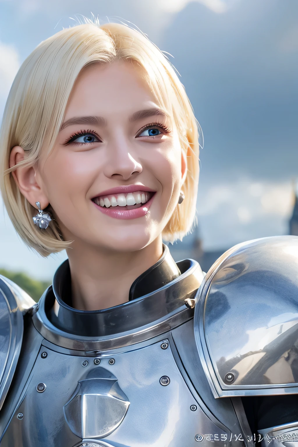 ８Ｋ、highest quality、female knight、The background is a castle、Luxurious Silver Armor、hairstyle short cut、smile、beautiful teeth、full body photo、ear piercing、white woman、blonde hair、blue eyes、Gummy Smile、The background is a cloudy sky、heavy makeup、mouth half open