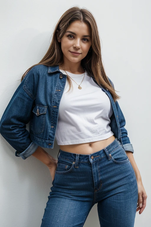 (corpo todo), (standing against a white wall), a 40 year old woman looking at the camera, Cabelo ondulado longo, rosto lindo detalhado, sorrindo levemente, jaqueta jeans, lilac shirt, jeans, athletic legs, decote, action photo, fundo de praia, noite, foto realista, CG, art station, obra de arte, high definition photography