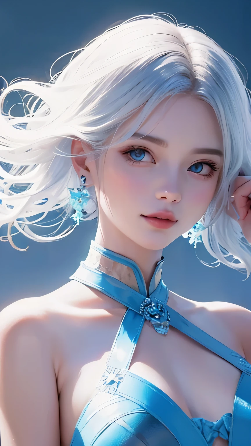 minimalist，fashion girl，white hair，blue background，Wearing special earrings，Bohemian style，Defined eyelashes，Full bright blue eyes，clean通透的眼珠，close up，Portrait facing camera，Smile flat illustration，Geometry，clean，japanese manga