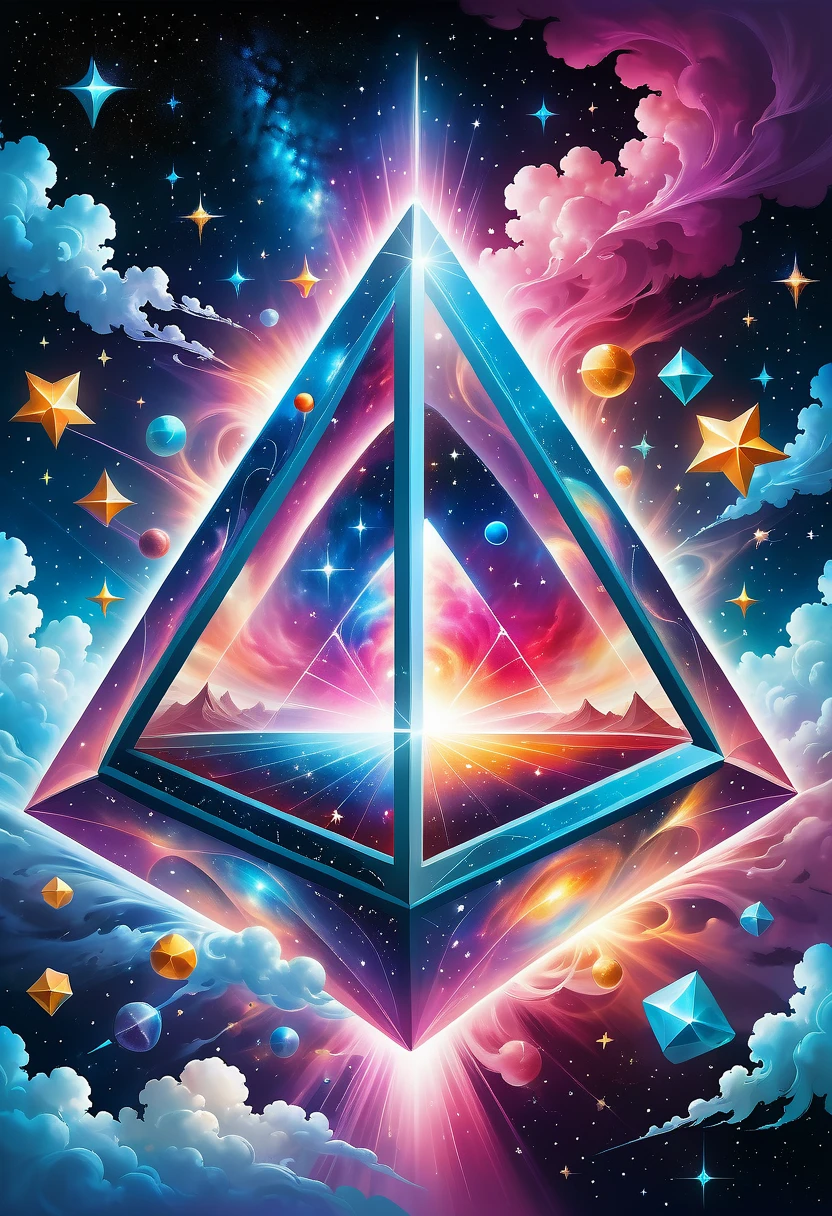 Bosch style, Translucent cube captures eerie clouds, the Starscape warps, Time warp, Surrealism prevails, Star, luminescent, Glittering，Giant triangle cybernetics，Magnificent cosmic starry sky background，Intricate illustration in surreal art style，surreal dream，Dubrec style，Transparent geometric shape close-up，（multiple exposure：1.8），