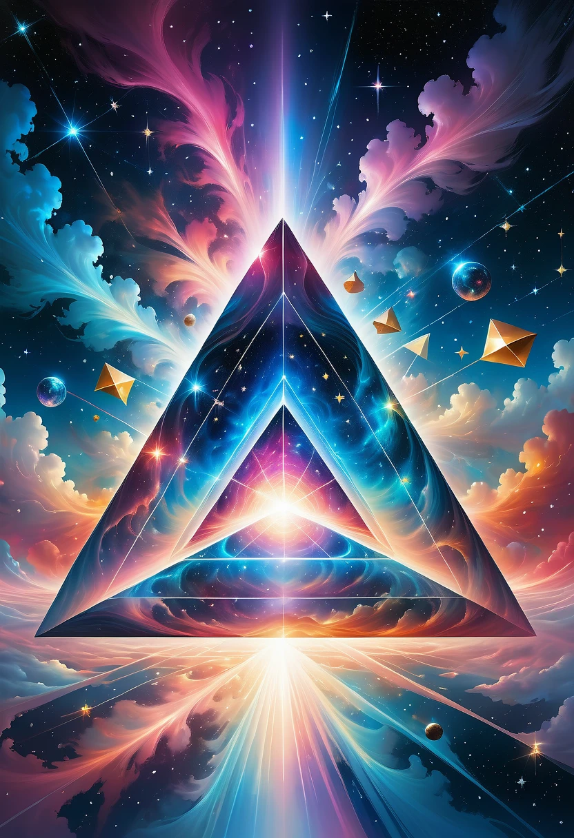 Bosch style, Translucent cube captures eerie clouds, the Starscape warps, Time warp, Surrealism prevails, Star, luminescent, Glittering，Giant triangle cybernetics，Magnificent cosmic starry sky background，Intricate illustration in surreal art style，surreal dream，Dubrec style，Transparent geometric shape close-up，（multiple exposure：1.8），