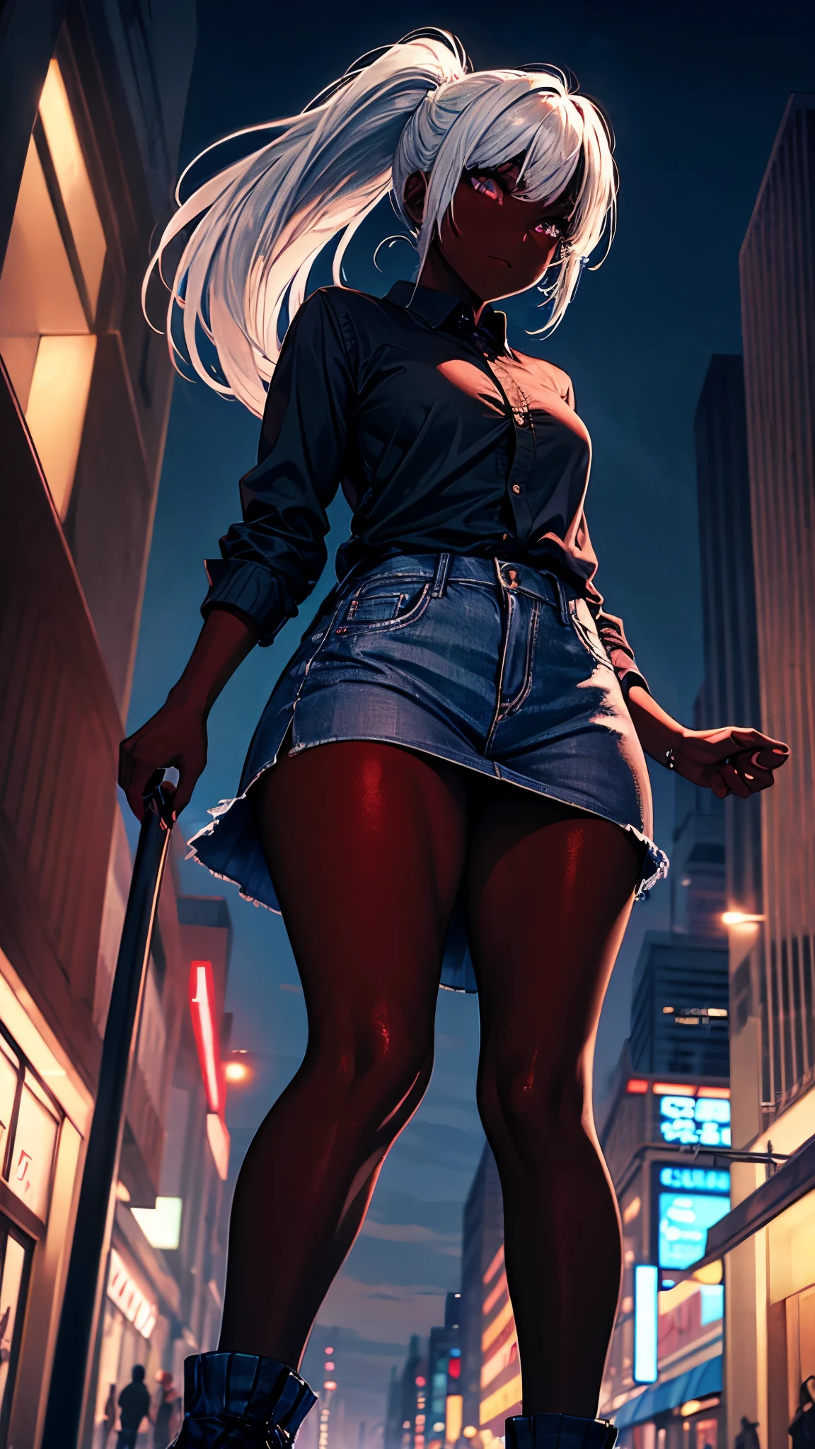 seductive girl, blue eyes, blonde hair, perky breasts, girly off-shoulder short dress, high heels, streetlights, night city, view from below, upskirt, no panties