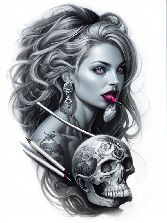 charcoal pencil drawing, 4k, best quality, realistic drawing, professional sketch, a drawing of a woman with a skull in her mouth, aetherpunk digital airbrush art, digital airbrush art, in the style of Anne Stokes, monochrome airbrush painting, drawing realism tattoo drawing, realism tattoo drawing, detailed matte fantasy portrait, realism tattoo drawing, epic pencil illustration, demon woman, detailed airbrush art, airbrush art, inspired by Anne Stokes