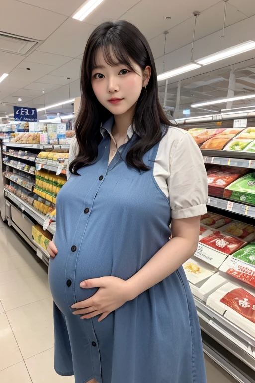 pregnancy,korean,Young Girl,big bust,large boat size,wearing a button-down dress,Inside the supermarket,Crossed arms