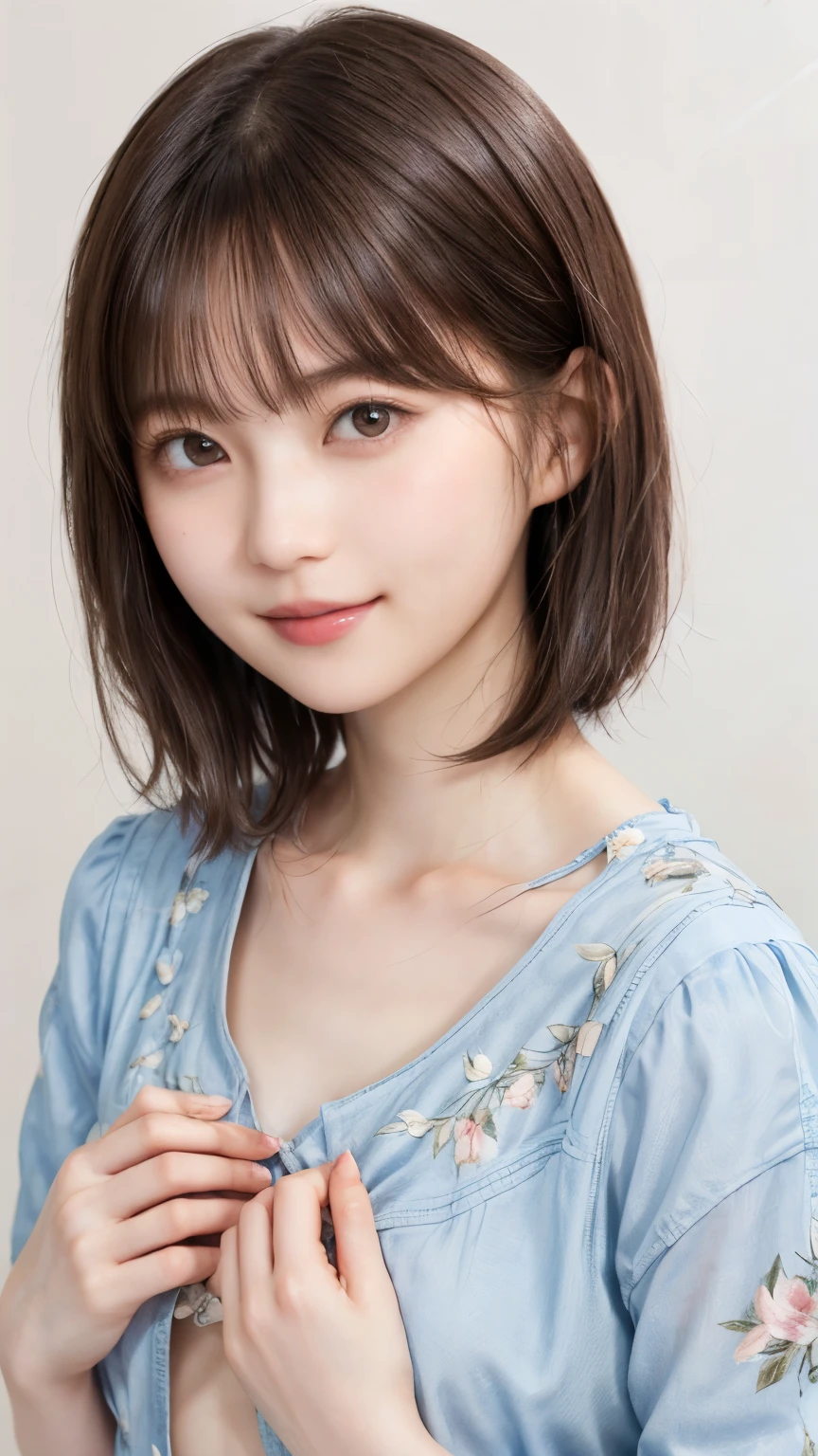 206 Short Hair, 20 year old female, Floral, gentle smile, (chest:1.2)