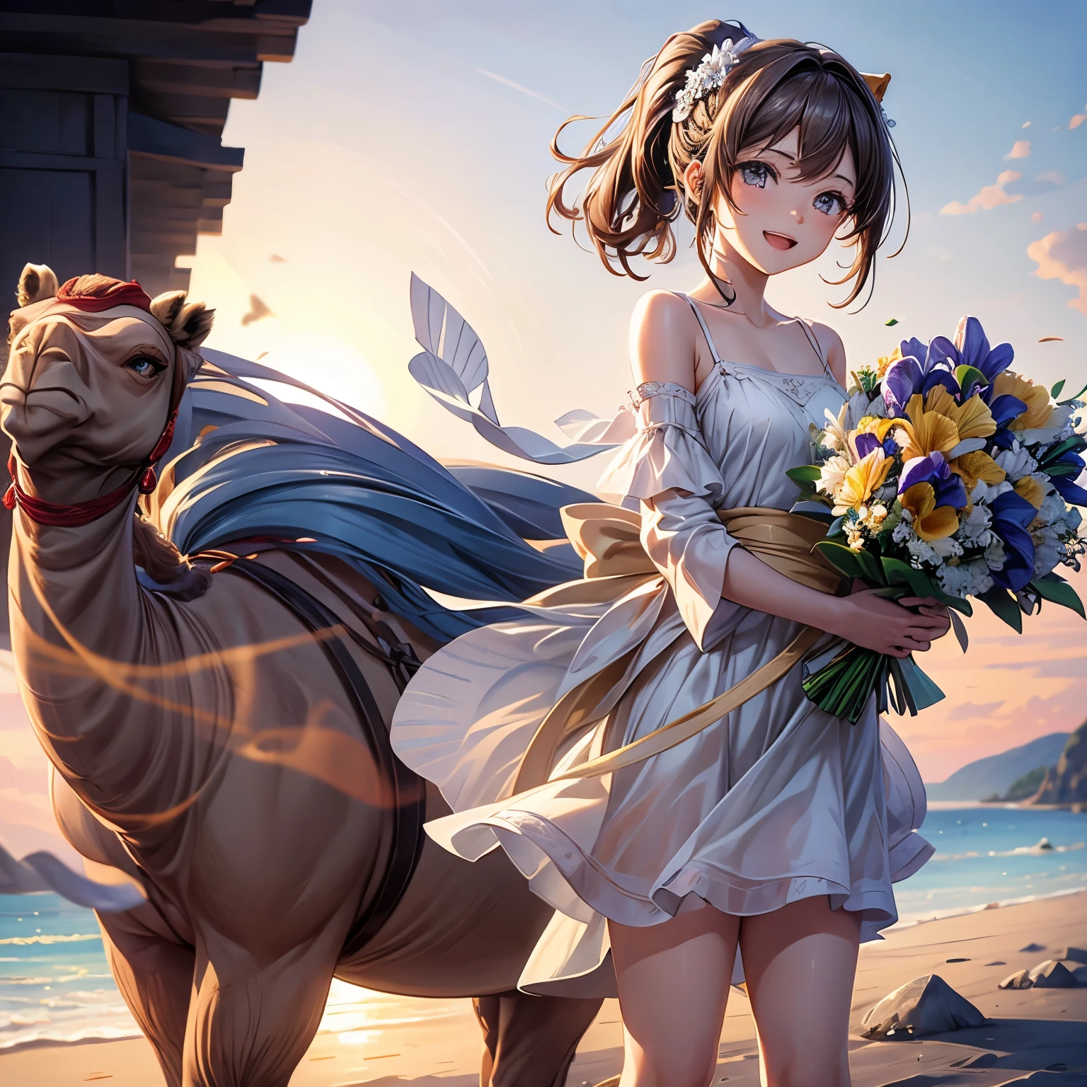 (masterpiece), (best quality), (ultra-DetaileD),(best shaDow:0.4), (Best Illustration), (an extremely Delicate anD beautiful), lifelike, Dramatic lighting, finely Detail, 1 girl, alone, (Shioi:1.5), (Shioichan:1.5), the l worD, raDiant beach, DetaileD scenery, blue sky, white clouD, Sunlight, Diffraction spikes, walk, (White camisole:1.22), white skirt, (finely DetaileD iris), Smile, :D, short ponytail, (Dark skin:0.3), (Camel color:1.3), feet beyond frame, holDing bouquet, holDing, Dark brown eyes