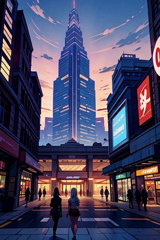 Cartoon, 2d, dc animation, centered, large exterior of shopping mall, wide shot, wide angle, dusk, department store window lights, tall buildings far in the distant fog