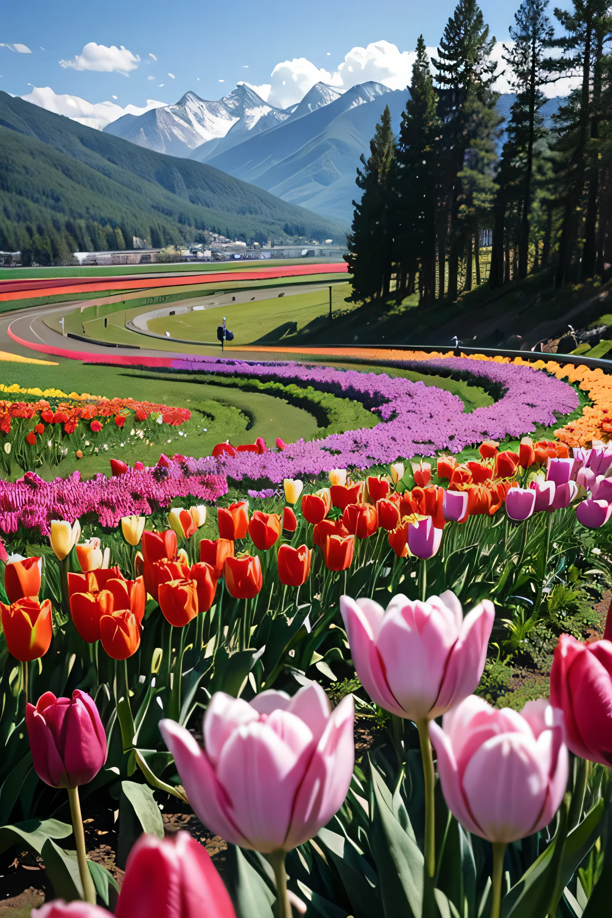 Tulips are blooming both in the mountains and on the plains.,row by row,One by one,The plains are full of tulips,overlook,far off,real photos,Colorful Colorful,Colorful real photos
