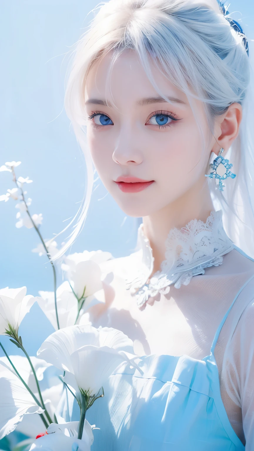 minimalist,fashion girl,white hair,blue background,Wearing special earrings,Bohemian style,Defined eyelashes,Full bright blue eyes,clean通透的眼珠,close up,Portrait facing camera,Smile flat illustration,Geometry,clean,japanese manga