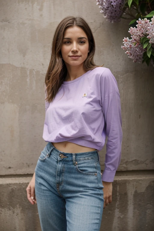 (corpo todo), (standing against a lilac wall), a 40 year old woman looking at the camera, Cabelo ondulado longo, rosto lindo detalhado, sorrindo levemente, lilac long shirt, saia jeans, athletic legs, decote, action photo, fundo de praia, noite, foto realista, CG, art station, obra de arte, high definition photography