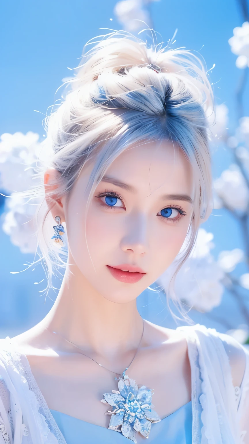 minimalist，fashion girl，white hair，blue background，Wearing special earrings，Bohemian style，Defined eyelashes，Full bright blue eyes，clean通透的眼珠，close up，Portrait facing camera，Smile flat illustration，Geometry，clean，japanese manga