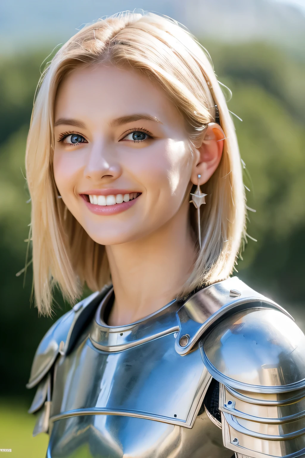 ８Ｋ、highest quality、female knight、The background is a castle、Luxurious Silver Armor、hairstyle short cut、smile、beautiful teeth、full body photo、ear piercing、white woman、blonde hair、blue eyes、Gummy Smile、The background is a cloudy sky、heavy makeup、mouth half open