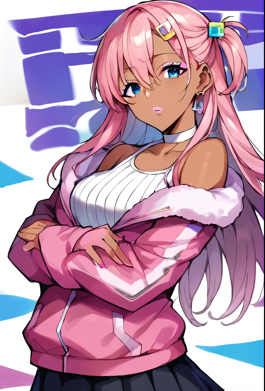 Score_9, score_8_up, score_7_up, score_6_up,  gyaru, source_anime, 1girl, solo, white background, abstract rectangular background, upper body, looking at viewer, BREAK, earrings, BREAK, thin pink lips, tanned skin, pink makeup,  ribbed sweater, fur trim, bare shoulders, off shoulder, white choker, hairclip, hitori gotou, blue eyes, cube hair ornament, hair between eyes, hair ornament, pink hair, one side up, long hair,black skirt, jacket, long sleeves, pants, pants under skirt, (pink jacket:1.5), pink pants, pleated skirt, skirt, track jacket, track pants, track suit,