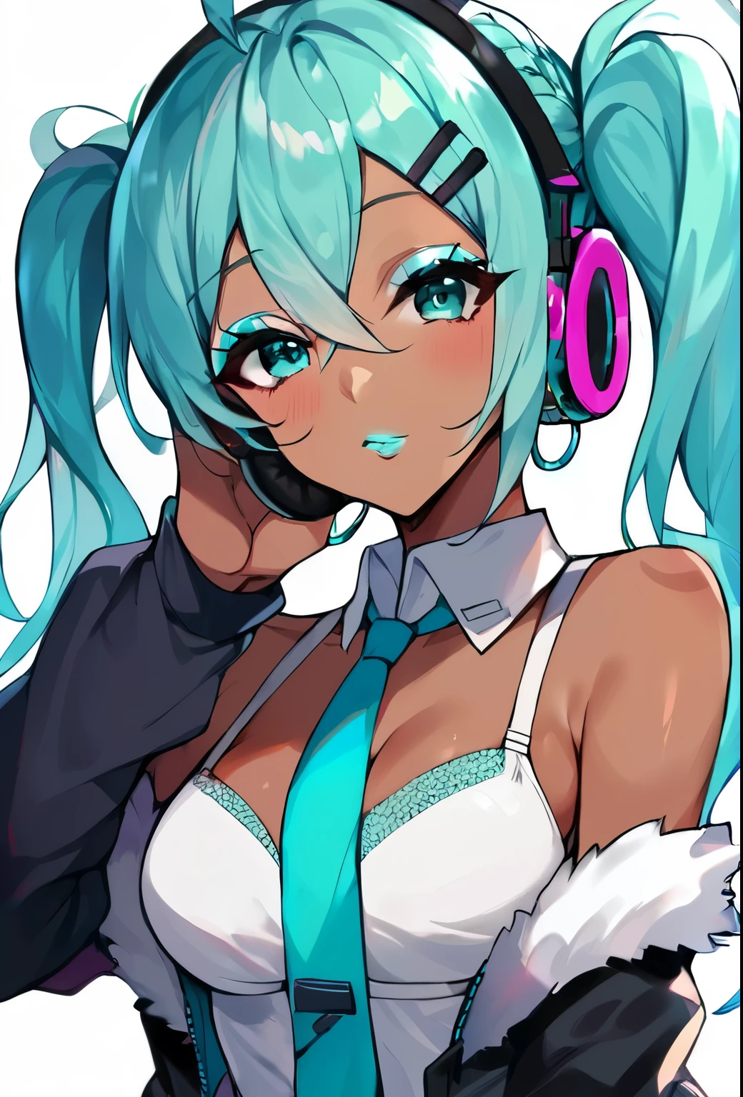 Score_9, score_8_up, score_7_up, score_6_up,  gyaru, source_anime, 1girl, solo, white background, abstract rectangular background, upper body, looking at viewer, BREAK, cyan highlights, hoop earrings, BREAK, cyan lips, dark skin, makeup, eyeshadow, cyan dress, cyan ribbed sweater, fur trim, bare shoulders, off shoulder, white choker, hairclip, (cleavage, laced white bra, long braid), miku hatsune, ahoge, aqua eyes, aqua hair, crossed bangs, hair between eyes, hair ornament, headphones, long hair, twintails,aqua necktie, black footwear, black skirt, black sleeves, boots, collared shirt, detached sleeves, grey shirt, necktie, pleated skirt, shirt, skirt, sleeveless, sleeveless shirt, thigh boots, tie clip,