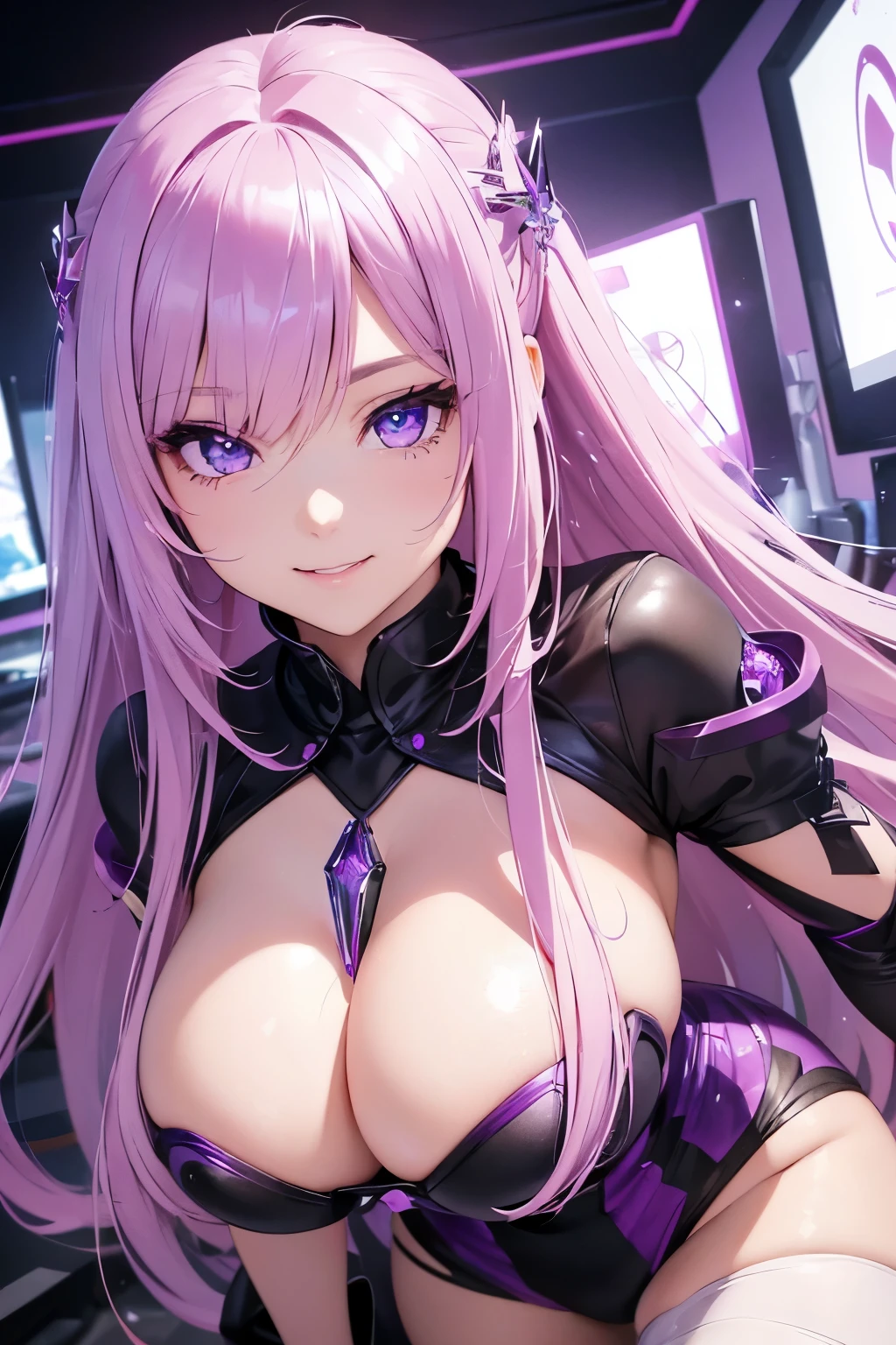 1girl (masterpiece, round_iris, extremely crisp crystalline shiny purple eyes, perfect_anatomy, extremely_captivating_hypnotic_mystic_eyes, ) perfect face, long pink hair, smiling evil, big breasts, gamer girl, gaming room, best quality, 4k